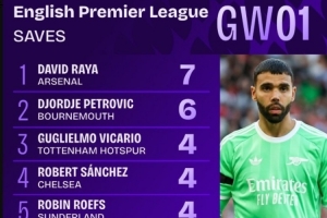 英超首轮扑救次数top10：拉亚7次居首，佩特洛维奇6次位居次席