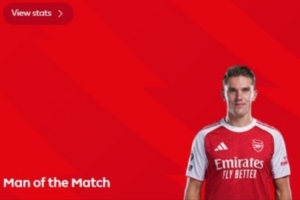 2射正2进球！约克雷斯当选阿森纳5-0利兹联一役全场最佳