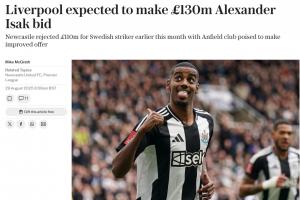 破英超纪录！电讯报：利物浦将1.3亿镑报价伊萨克，外加浮动条款