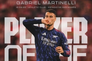 替补出场1射1传！马丁内利当选阿森纳vs毕巴全场最佳球员