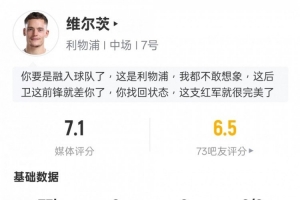 维尔茨本场数据：5关键传球1过人成功13次丢失球权，评分7.1